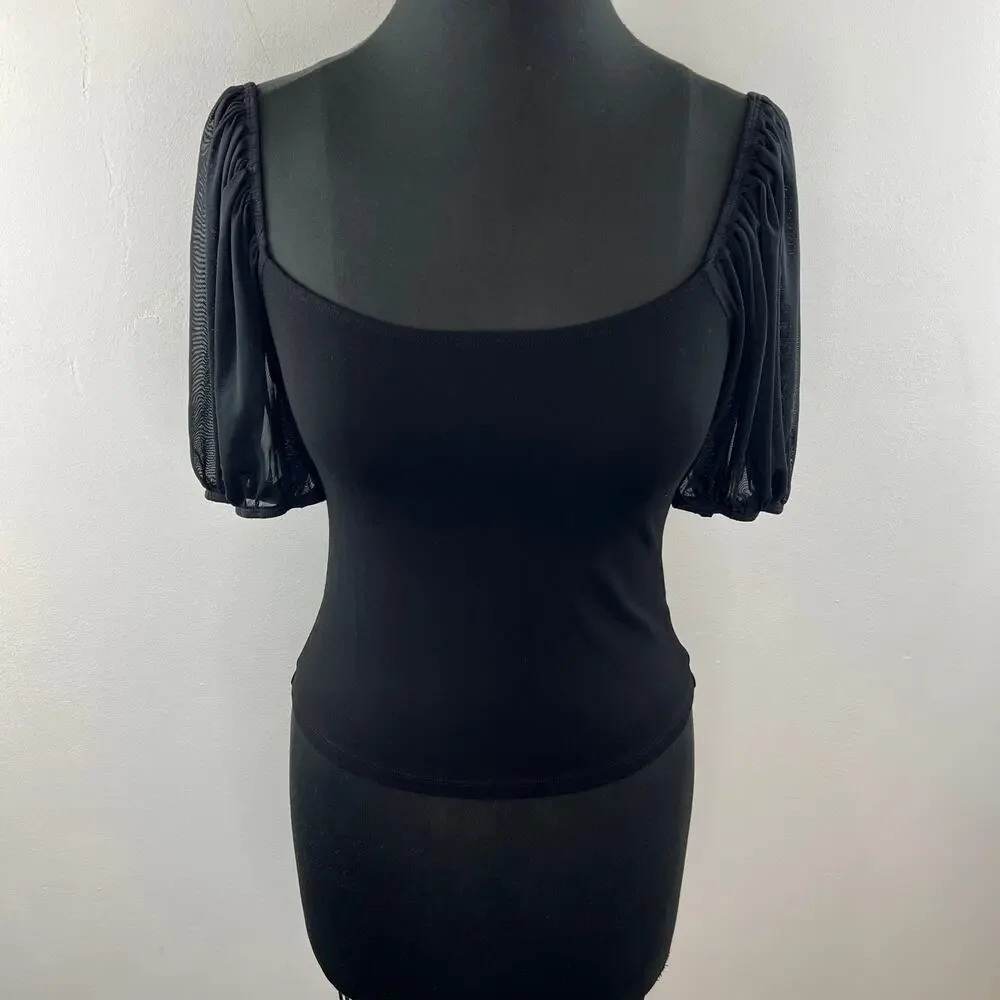 FREE PEOPLE INTIMATELY Black Mesh Puff Sleeve Rounded Square Neck Top Size M